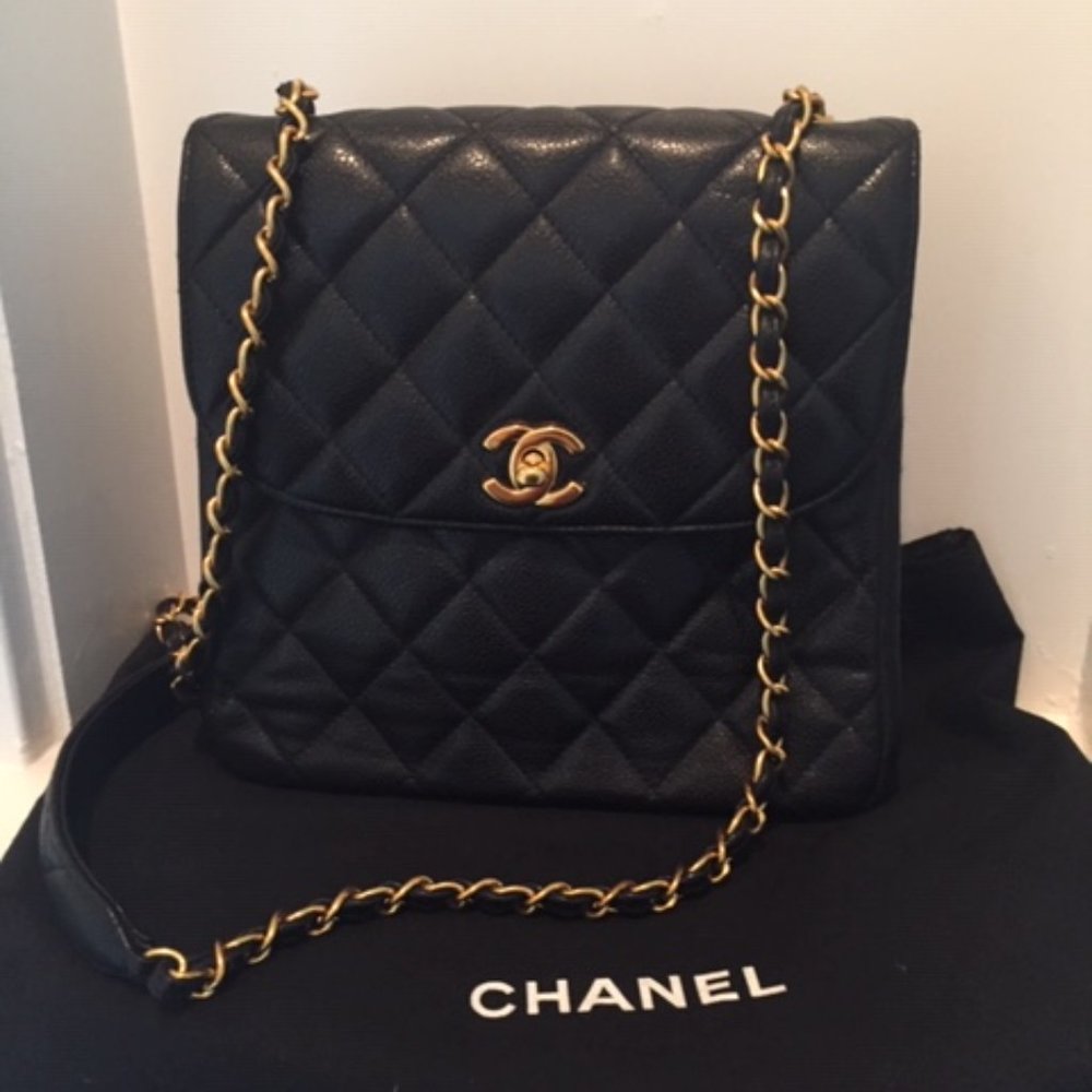 Chanel black caviar flap bag vintage 1997